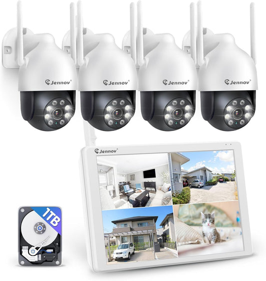 Jennov 5MP PTZ Beveiligingscameraset met 10" Monitor, 10CH 5MP NVR, 4 x PTZ Beveiligingscamera's met Kleuren-nachtzicht, 24/7-opname, Automatisch Volgen, Persoonsdetectie, Tweeweg-audio, 1TB HDD
