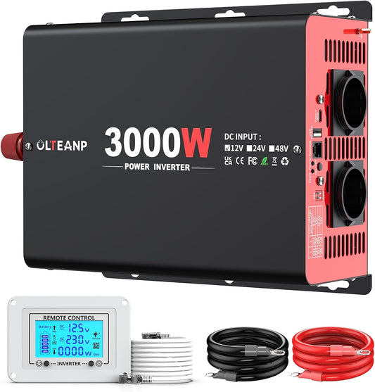3000W Power Inverter 12V DC to 230V AC Car Inverter with 2 AC Outputs, 30W Type-C Port, 3.1A USB Port, LCD Display Remote Control, Power Inverter for Trucks, Home, Vehicles, Travel - QUORE