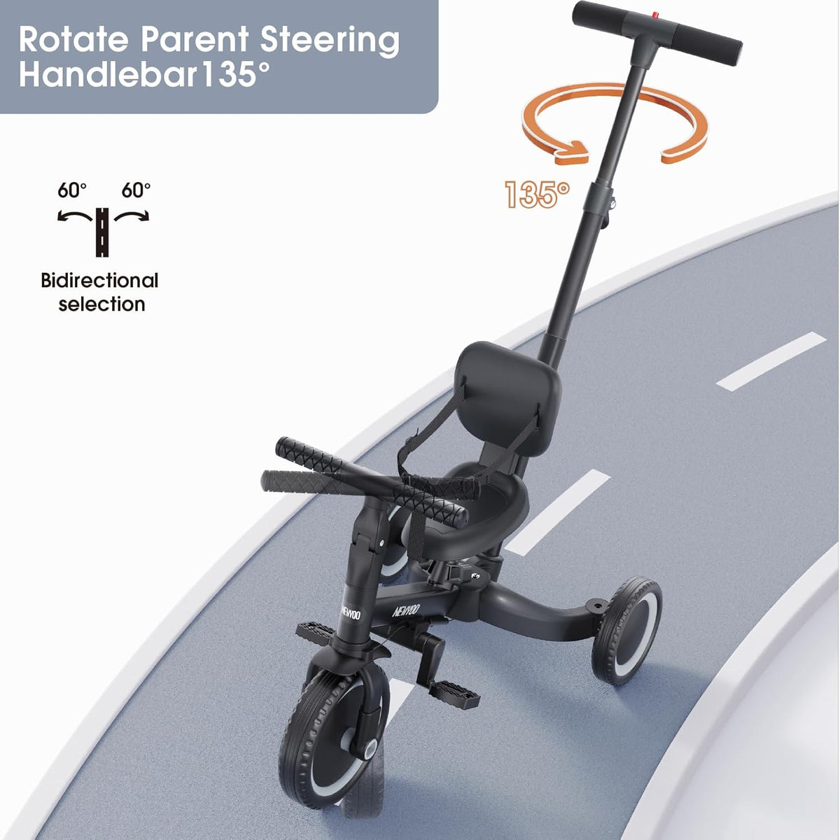 newyoo Tricycle 5 en 1, draisienne à partir de 1 an, avec barre de poussée, pour enfants à partir de 1, 2, 3 ans, avec pédales amovibles et siège réglable, Zwart