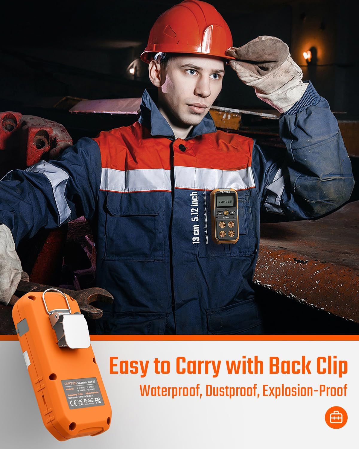 TopTes Guard-101 4 Gasmonitor Multi Gasdetector voor H2S, CO, LEL en O2, met trillingen, visuele en hoorbare alarmen, 14 uur lange batterijduur, explosiebestendige veiligheid, gasmonitor voor werk