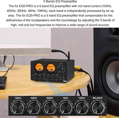 Fafeicy Audio 5 Band Equalizer, 5,0 EQ Voorversterker Gelijkmaker met Vintage VU -meter voor Thuisstereo, Computerluidsprekers, Versterkers