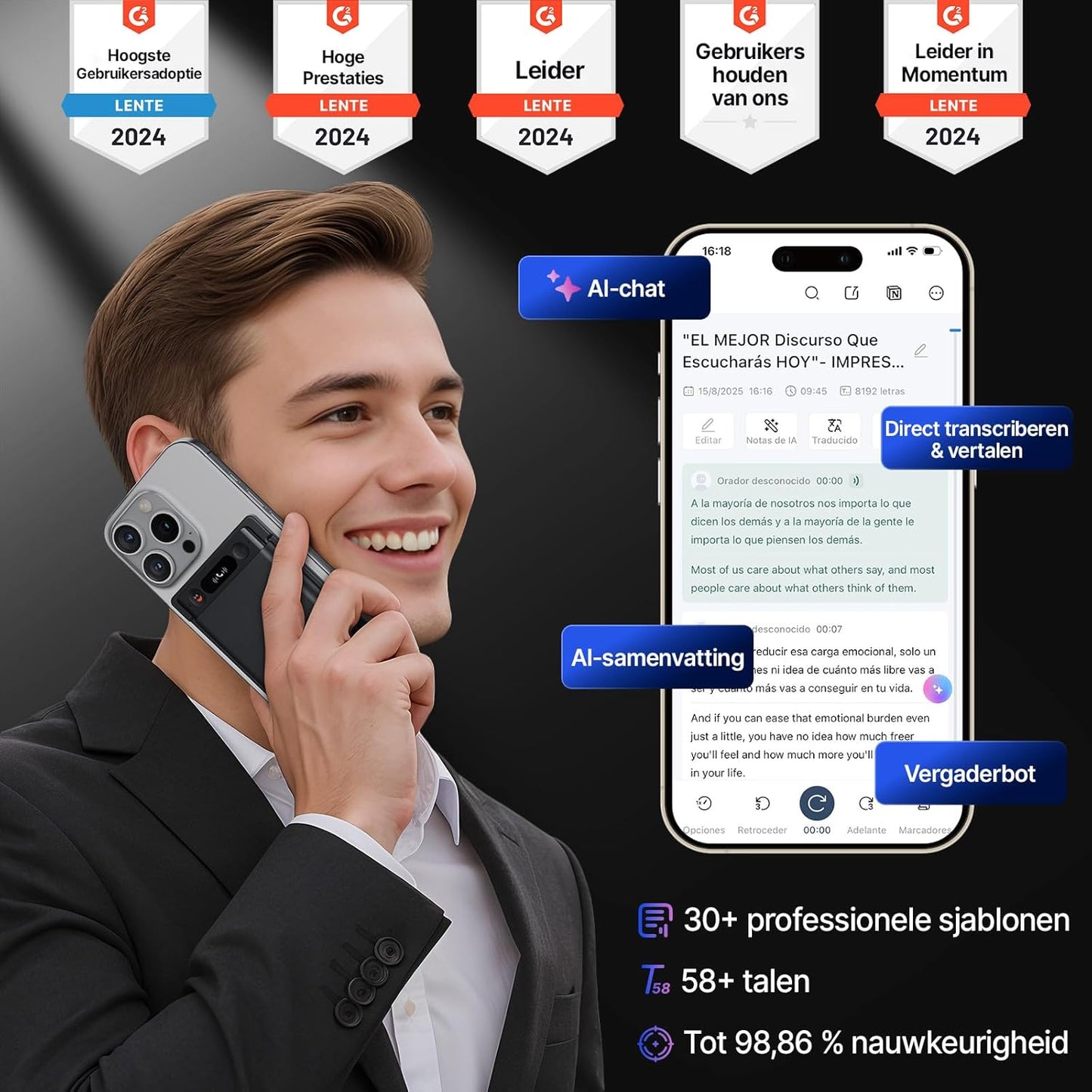 AI-Spraakrecorder – Digitale Voice Recorder, Dicteerapparaat, Audiorecorder, Geluidsrecorder – Met Etui – AI-Transcriptie & Samenvatting – 58 Talen, 32 GB Geheugen Tot 2000 Uur Opname