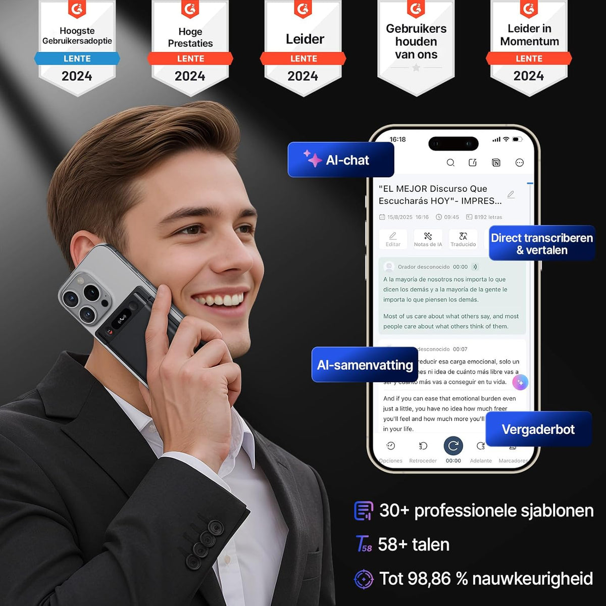 Notta Memo AI spraakrecorder(Zwart) met Memo MagBridge, AI-Transcriptie & Samenvatting 58 Talen, 2000u Geheugen, voor Gesprekken/Vergaderingen/Colleges