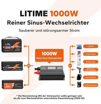 12V naar 230V Omvormer – Spanningsomvormer – Spanningsconverter – DC naar AC Omvormer – Zonnestroom Omvormer – 1000W Continu, 2000W Piekvermogen – Zuivere Sinusgolf met LCD Bewakingsscherm en 2 AC Uitgangen