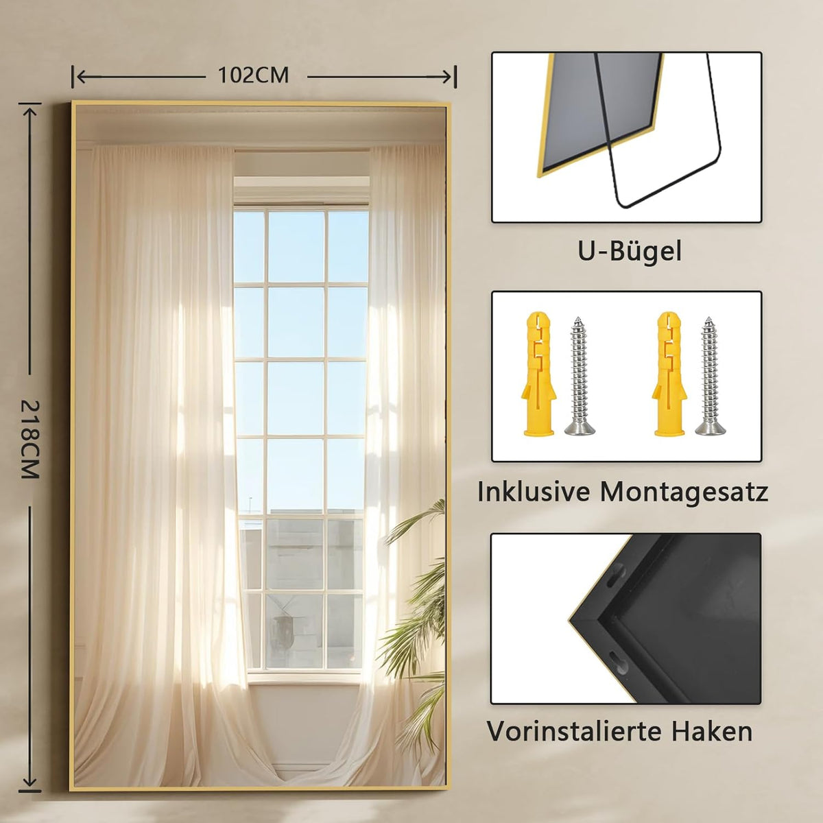 BEAUTYPEAK Extra grote full-body spiegel 102 x 218 cm, onbreekbare staande spiegel, om op te hangen of te kantelen tegen de muur, grote vloerspiegel met houder voor slaapkamer, woonkamer