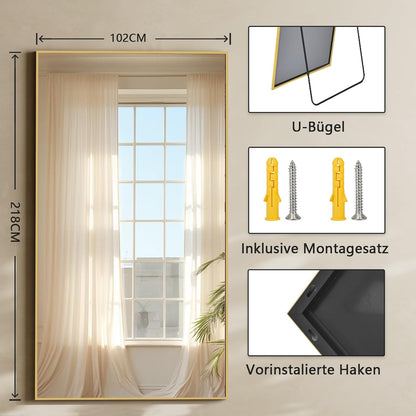 BEAUTYPEAK Extra grote full-body spiegel 102 x 218 cm, onbreekbare staande spiegel, om op te hangen of te kantelen tegen de muur, grote vloerspiegel met houder voor slaapkamer, woonkamer