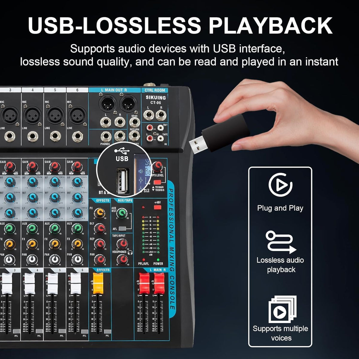 Audio Mixer – 6-Kanaals Mengpaneel – DJ-Mixer – Audiomixer – Mengtafel – 16 DSP-Effecten – USB/Bluetooth – 48V Fantoomvoeding