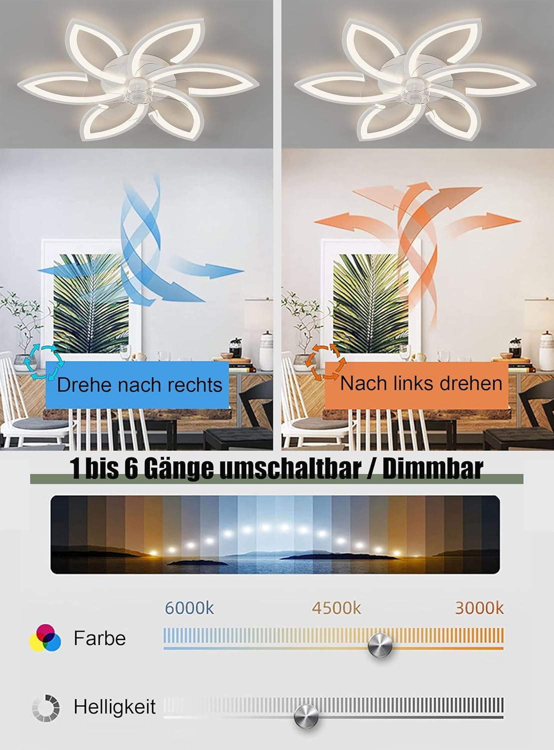 Stille plafondventilator met licht, plafondventilator met afstandsbediening en verlichting APP dimbare helderheid 70W creatieve acryl bloem vorm plafondlamp met ventilator (Goud)