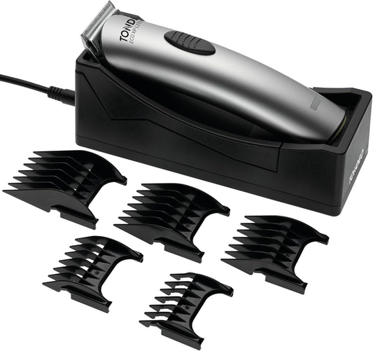 TONDEO Professionele Haartrimmer ECO XP LITHIUM ZILVER | Haarsnijder inclusief oplaadstation en opzetkam voor 5 verschillende kniplengtes (4/8 / 12/16 / 20 mm)