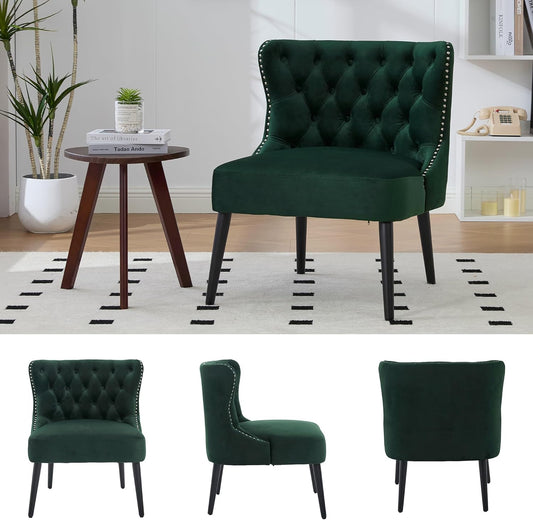 Fluwelen fauteuil, stoel zonder armleuningen met klinknagels, poten van massief hout, voor woonkamer, slaapkamer en kantoor, smaragd, 65 x 61 x 80 cm