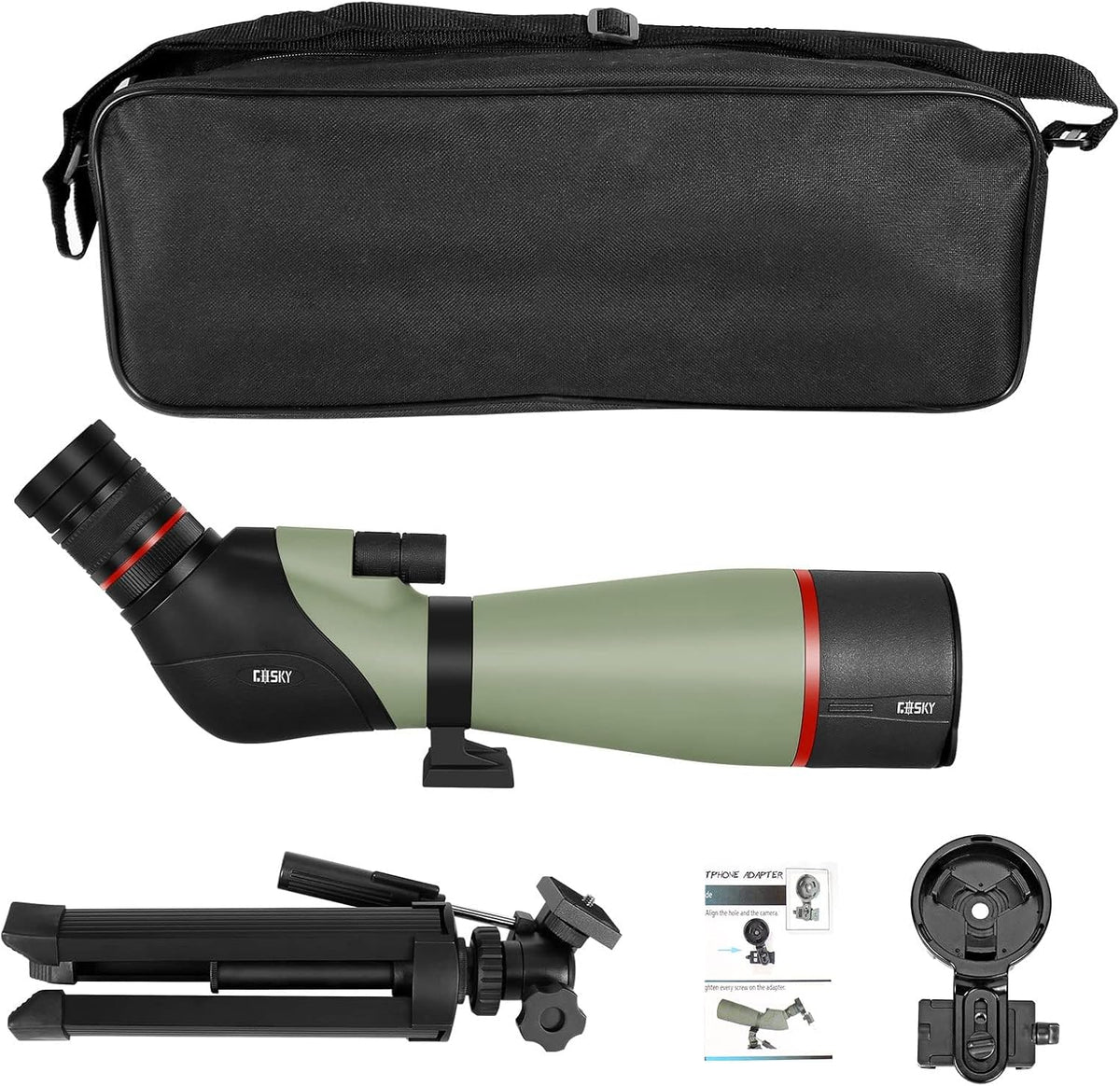 Gosky Observatiebril 20-60 x 80 HD dubbele focus, BAK4-prisma, 45 graden gebogen oculair - met statief en smartphone-adapter, voor vogelobservatie, doelschieten, jacht,