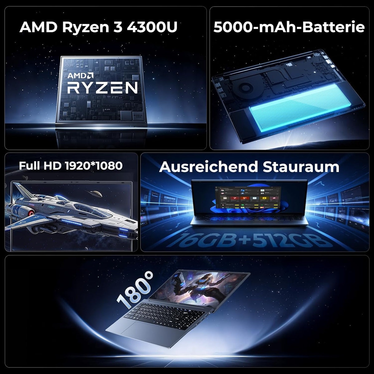 Laptop A-MD Ryzen 4300U Processor (Up to 3.7 GHz), 16GB RAM 512GB SSD, 15.6" 1920 * 1080 IPS FHD - Perfect for Students & Professionals, BT5.0, 3x USB 3.2, HDMI, Type-C