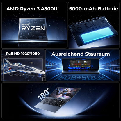 Laptop A-MD Ryzen 4300U Processor (Up to 3.7 GHz), 16GB RAM 512GB SSD, 15.6" 1920 * 1080 IPS FHD - Perfect for Students & Professionals, BT5.0, 3x USB 3.2, HDMI, Type-C