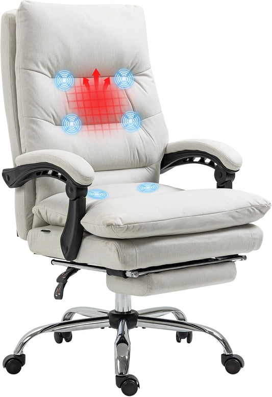 Bureaustoel – Kantoorstoel – Computerstoel – Gamestoel – Draaistoel – Ergonomisch Met Massagefunctie – Verstelbare Zithoogte & Verwarmde Lendensteun – Crèmewit Microvezel - QUORE