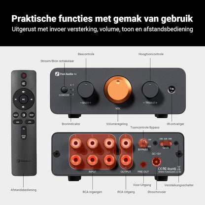 Fosi Audio P4 Mini Voorversterker met 3 RCA-ingangen, Preamp voor Versterkers/Actieve Subwoofers/Luidsprekers, 3-traps instelbare versterking (3/6/9 dB) en bass/treble-regeling, V3-afgeleid ontwerp