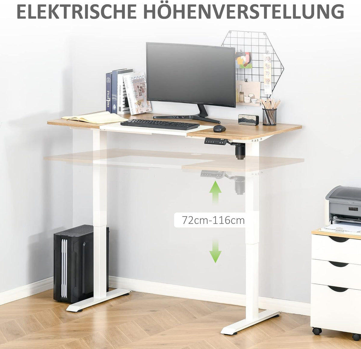 Computer table, electric desk, standing desk, height adjustable, table frame with motor, metal, natural + white - QUORE