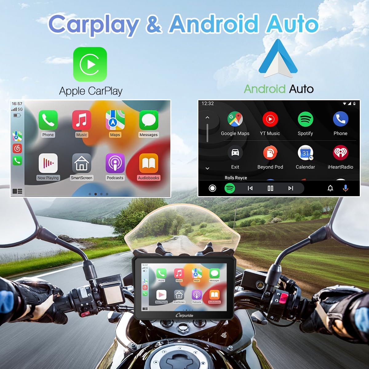 Motorfiets CarPlay Scherm – Draadloze CarPlay – Android Auto – Moto Display – Motor GPS Touchscreen – 7 Inch HD IPS – IP67 Waterdicht – Dual Bluetooth Connectivity