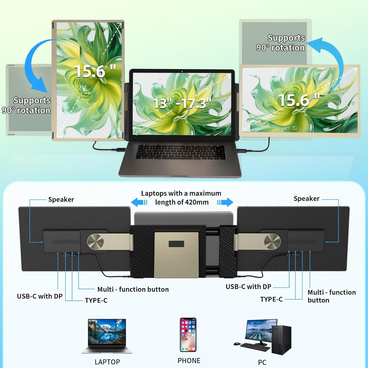 Dual Screen Laptop 15,6 inch FHD 1080P IPS Multi Display Laptop Monitor Laptop Monitor Scherm Verlenging voor 13,3-17" Laptop Compatibel met Windows Chrome