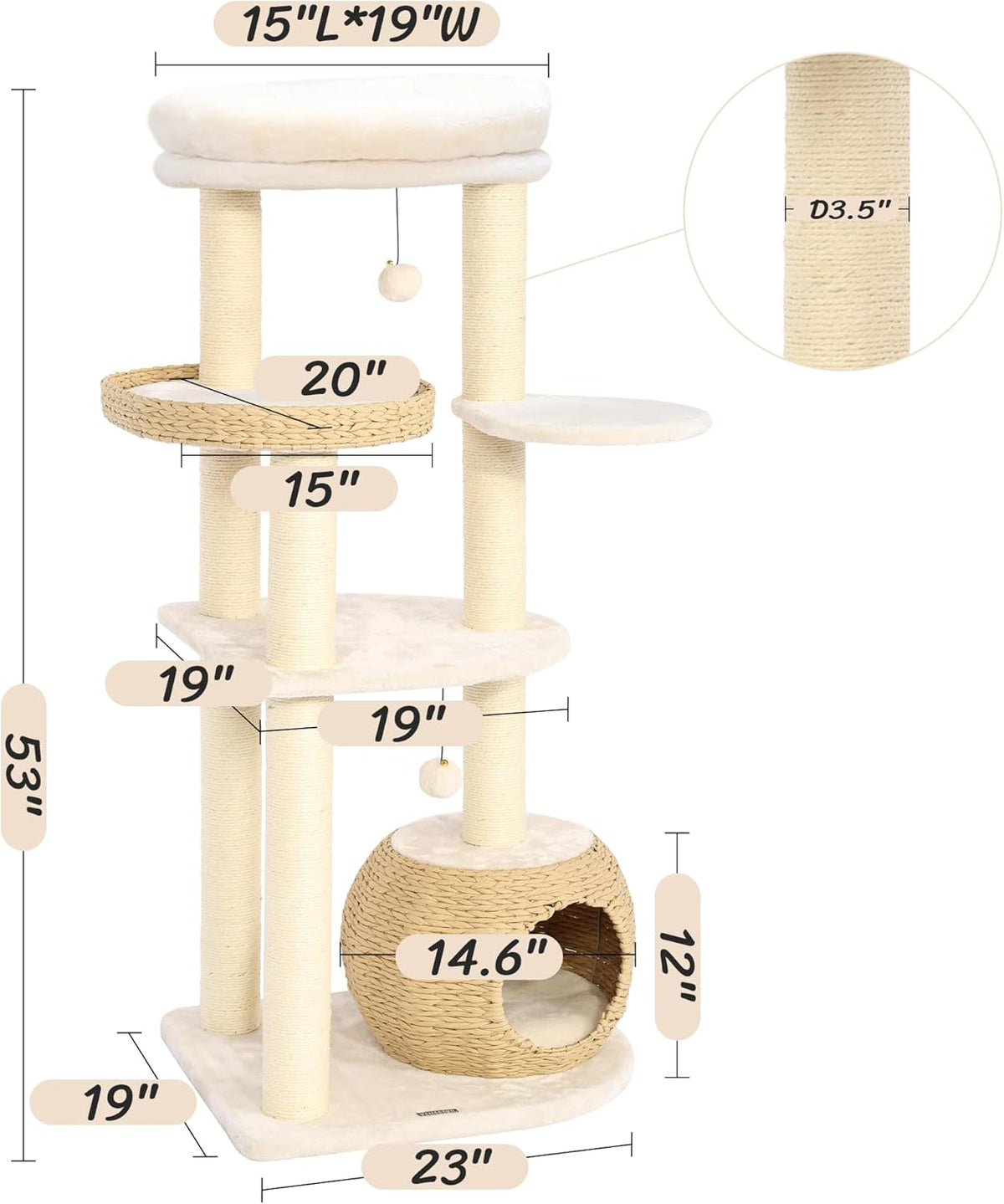 Kattenklimtoren – Kattenboom – Krabpaal – Kattenmeubel – Klimpaal – 134,5 cm Hoog – Natuurlijke Sisal Krabpalen – Handgeweven Mandje