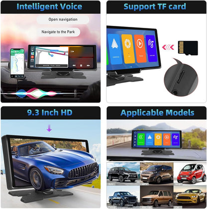 Podofo 9,3 inch draagbare autoradio 2,5K dubbele dashcam met draadloos Apple Carplay Android-autoscherm, 7-32V touchscreen met stemassistent/Bluetooth/FM-zender/AUX / 32G TF-kaart