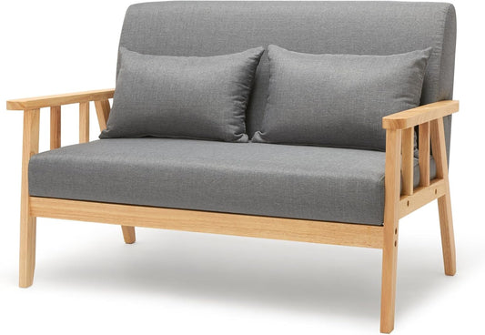 Meerveil Sofa 2 Seater Chair with Cushion, Solid Wood Frame, Linen Vintage Chair for Bedroom, Living Room, Office, 112 x 64 x 73 cm - QUORE