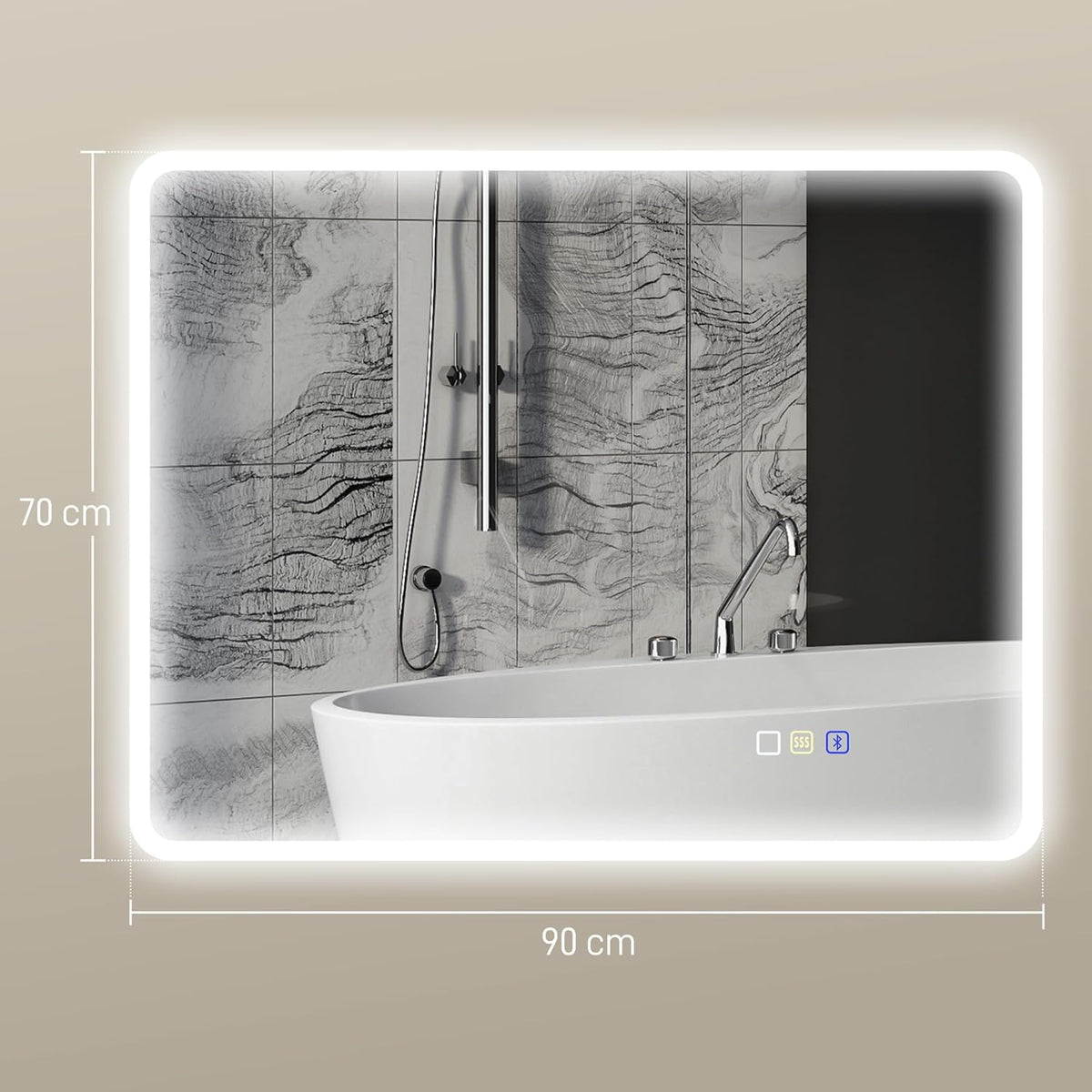 Verlichte Badkamerspiegel – Led Spiegel – Touch Spiegel – Bluetooth Spiegel – Anti-Fog Spiegel – 90x70 cm – Dimbare 3-Kleurige Ledverlichting – Geheugenfunctie