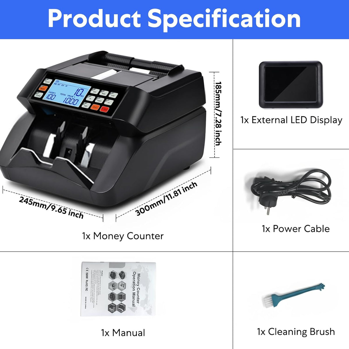 Geldtelmachine geldteller bankbiljettenteller met UV/MG/IR/MT, bankbiljettentellermachine geldbiljettenteller met 3,5" LCD-display en extern display, 1000 vellen/min