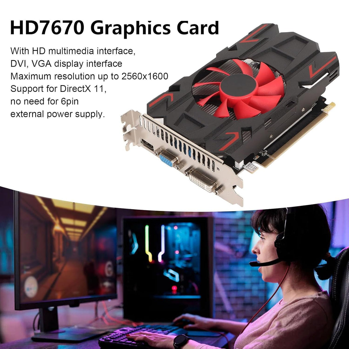 HD7670 4GB Grafische Kaart, DDR5, 128bit, PCI Express 2.0 16X, 650/1800MHz, 2560x1600, Desktop Pc-gamingvideokaart met HDMI-, DVI- en VGA-poorten (HD7670 4 GB DDR5)