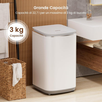 HAVA Mini washing machine, 3 kg, 8 programs, 40 °C and 60 °C hot washing options, capacity 22.7 litres, small washing machine, camping washing machine with spin, supports upstairs drain - QUORE