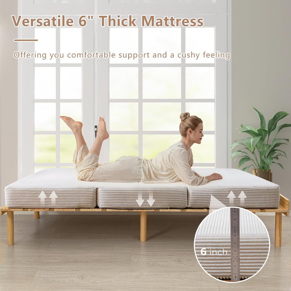 MAXYOYO Opvouwbare corduroy matras, drievoudig vloermatras 10 cm dik met wasbare hoes, opvouwbaar in drie, ruimtebesparend voor gasten (beige, eenpersoons)