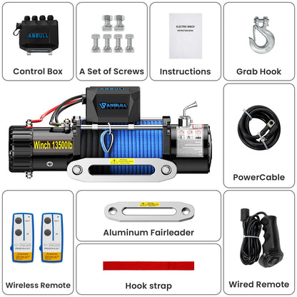 Anbull Elektrische kabellier, 12 V, 6136 kg, synthetische kabel, 9,5 mm x 26 m, IP67 waterdicht, nylon touw, geschikt voor quads, SUV's, vrachtwagens, bootaanhangers, pick-ups