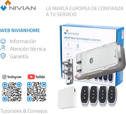 Nivian NVS-SMARTBOLT Intelligent onzichtbaar slot, elektronisch wifi-slot met mobiele app en afstandsbedieningen, dubbele motor, vandaalbeveiliging, opening van binnen en buiten (met app)