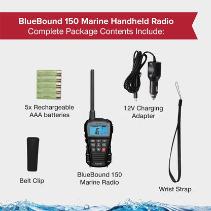 Cobra BlueBound 150 Handheld VHF Marine Radio - 3 watt, drijvend, IPX7 waterdicht, dompelbaar, lcd-display, geheugenscan, riemclip, zwart