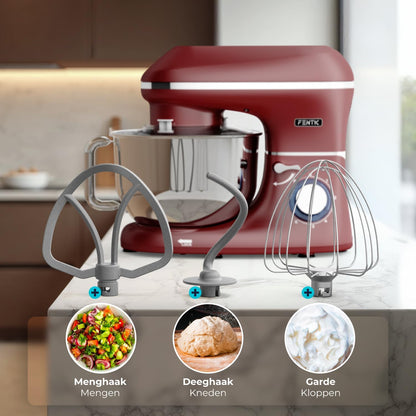 Keukenmachine - 2000W - RVS Mengkom (6,2 L) - Keukenrobot - Mixer met Garde, Deeghaak en Menghaak - Incl. extra Accessoires – Rood