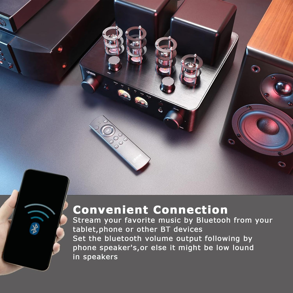 JTA50 2025 130 W buisversterker, hifi-versterker van instapklasse met BT 5.0, afstandsbediening, AUX, coax, phono en USB-ingang, subwoofer-uitgang, 2.1-kanaal voor platenspeler