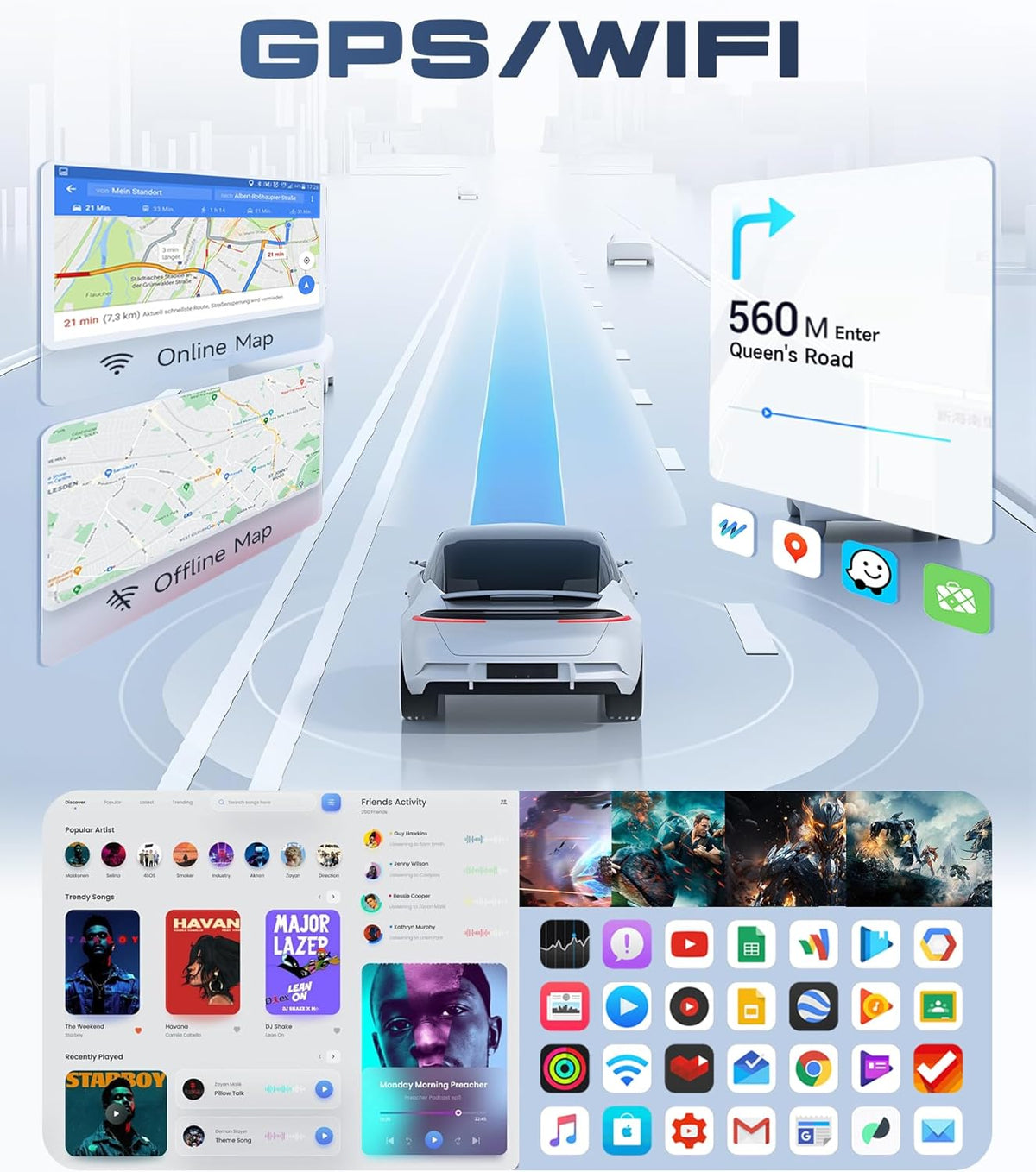 Autoradio, 6G + 128G, 8 Core, Android, 2 Din, 9 inch touchscreen met Carplay Android auto, draadloos, Bluetooth FM/RDS/EQ/DSP, wifi, GPS, 360° panoramisch zicht, stuurbediening, achteruitrijcamera