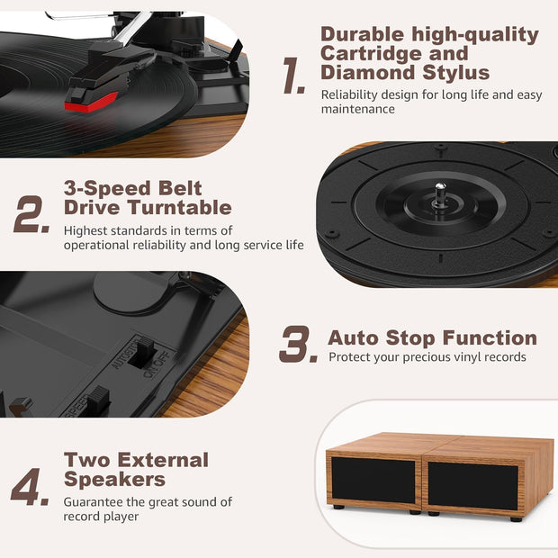 Platenspeler - Geïntegreerde Luidsprekers - Vintage Fonograaf - met Bluetooth 5.3 Ondersteunt - 2 Dubbele Stereoluidsprekers - 3 Snelheden - AUX - RCA - USB - Draadloos Afspelen - Hout - Goud