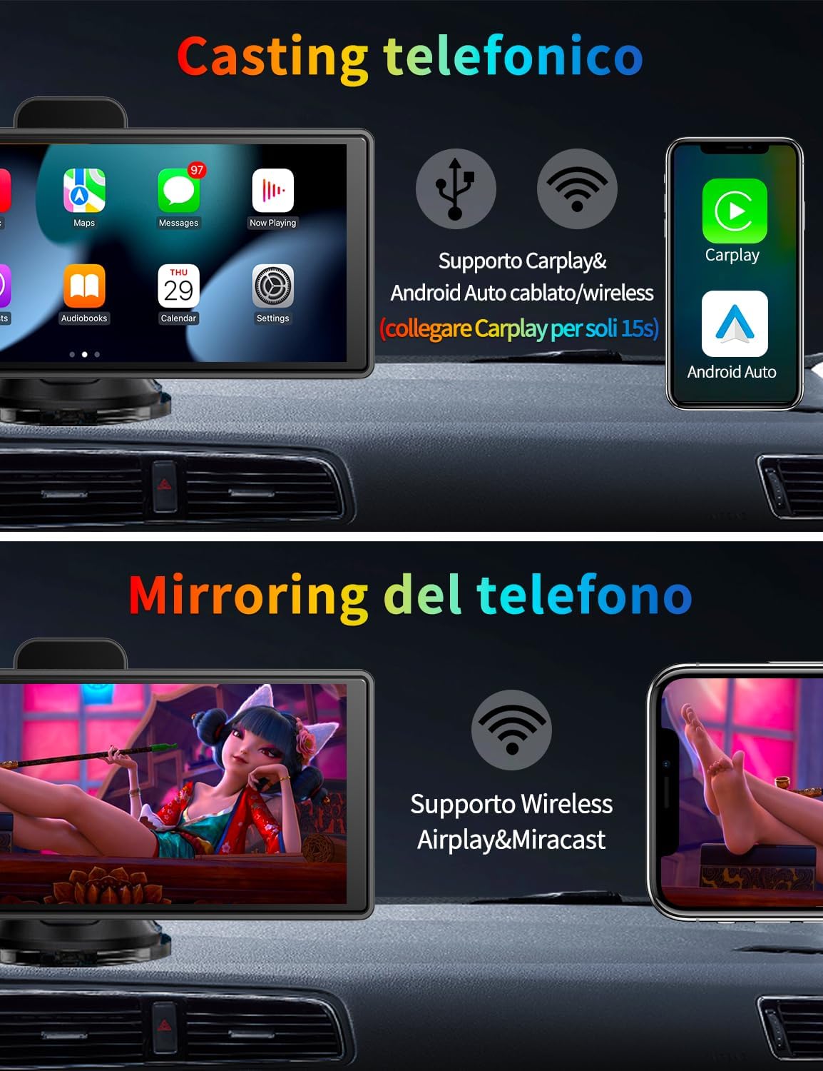10,26 inch Carplay Display met 4K dashcam auto voor, 1080p achteruitrijcamera, draadloze Carplay Android Auto, Mirror Link, navigatie, Google, Siri, FM, AUX, Loop Recording, 64G SD-kaart