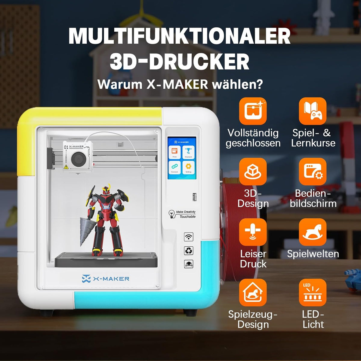 3D-printer – 3D-printmachine – 3D-fabricator – 3D-bouwer – Volledig gesloten behuizing – Snelle nozzle-vervanging en 8-kleuren PLA-filamentset