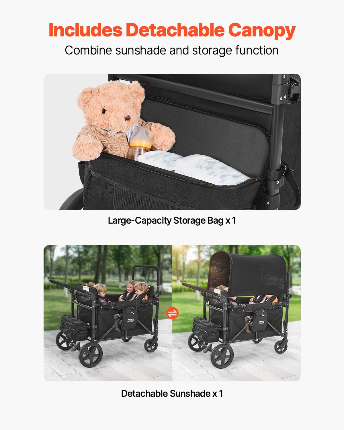 VEVOR Wagon Kinderwagen voor 4 Kinderen, Push Pull Quad Opvouwbare Kinderwagen met Verstelbare Handvat, 5-punts Veiligheidsharnas & Afneembare Luifel, 4-zits Kinderwagen voor Camping, Zwart (149,7 kg