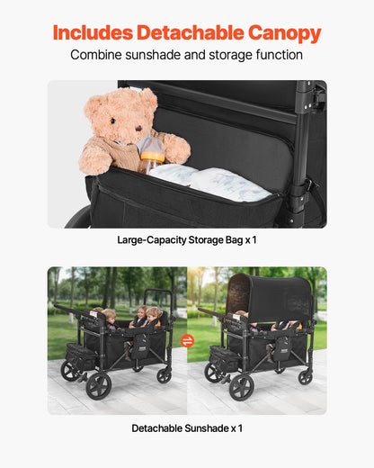 VEVOR Wagon Kinderwagen voor 4 Kinderen, Push Pull Quad Opvouwbare Kinderwagen met Verstelbare Handvat, 5-punts Veiligheidsharnas & Afneembare Luifel, 4-zits Kinderwagen voor Camping, Zwart (149,7 kg