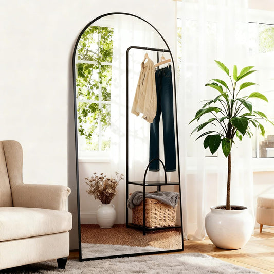 Full body spiegel, 165 x 60 cm boog, staande spiegel van gehard glas, hangend of leunend, grote wandspiegel voor slaapkamer, woonkamer, kleedkamer, zwart