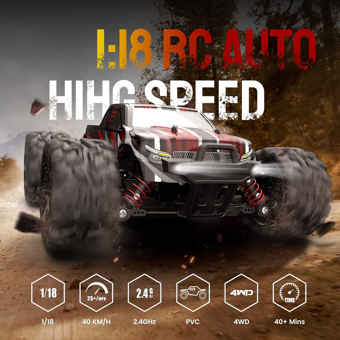 DEERC RC-auto voor kinderen, 1/18 RC-auto 4WD met 40 km/u hoge snelheid, 2 accu's, 2,4 GHz afstandsbediening terreinwagen buiten binnenvoertuig voor jongens en volwassenen