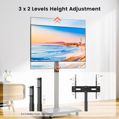 Mobiele tv-kar rollende tv-standaard voor schermen van 26-70 inch, mobiele tv-kar voor maximaal 80 lbs, 25° draaibaar met 6 niveaus van hoogteverstelling voor optimaal zicht, tv-standaards voor