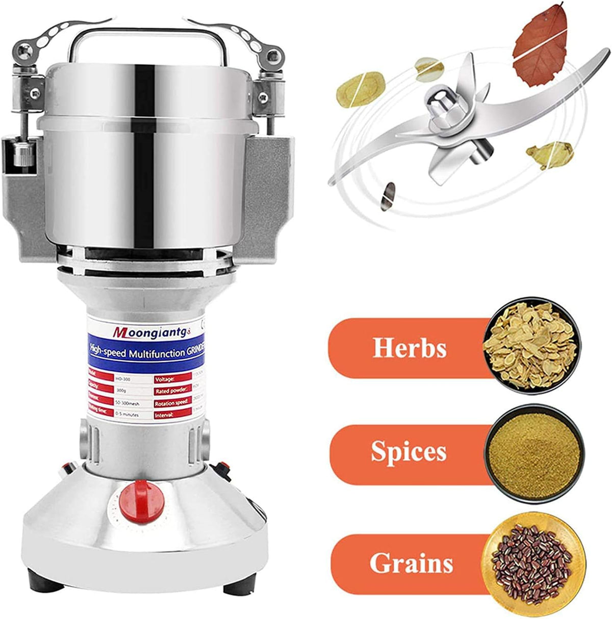 Moongiantgo Graanmolen Elektrische 700 g Commerciële Kruidenmolen 2500W Roestvrij Staal Verstuiver Droge Slijpmachine voor Tarwe Maïs Rijst Peper Kruiden Koffiebonen (700g Staand, 110V)