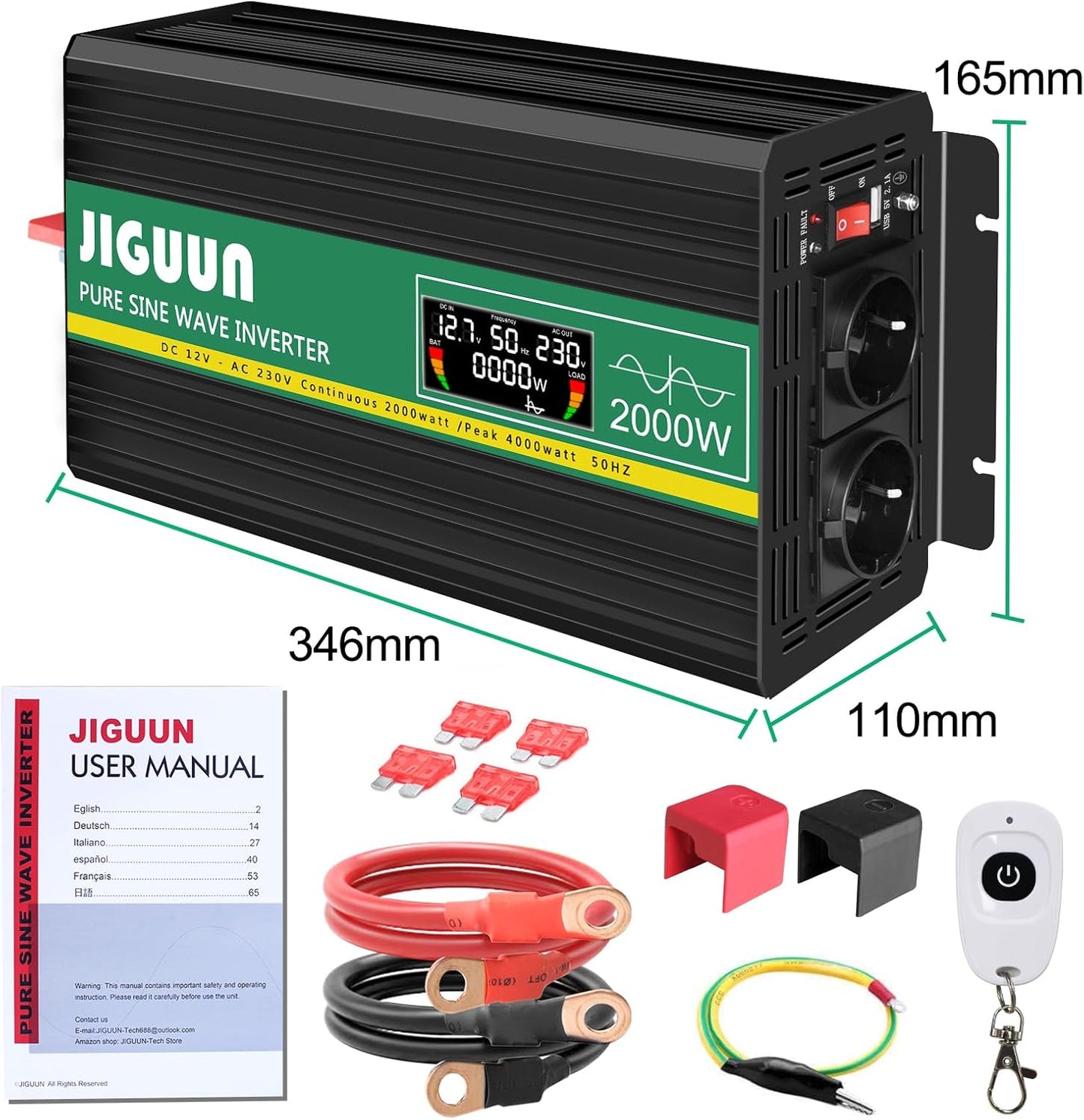 JIGUUN 2000W omvormer 12v naar 230v zuivere sinus inverter met draadloze afstandsbediening LCD-scherm 2 Eu-stopcontact & 1 USB-poort Piekvermogen 4000W voor auto, camping, reizen