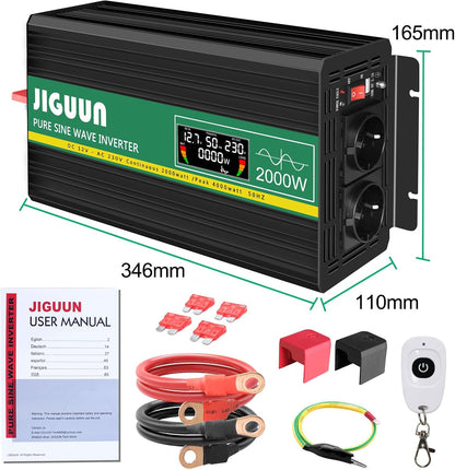JIGUUN 2000W omvormer 12v naar 230v zuivere sinus inverter met draadloze afstandsbediening LCD-scherm 2 Eu-stopcontact & 1 USB-poort Piekvermogen 4000W voor auto, camping, reizen
