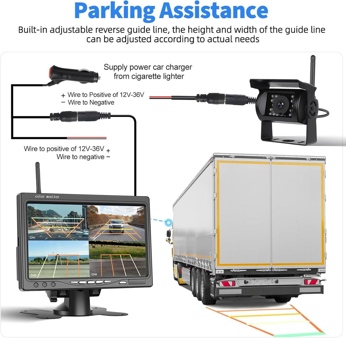 1080P Kabelloses Rückfahrkamerasystem für Wohnmobile, 7-Zoll-Rückfahrkameramonitor für 4 Kanäle mit wasserdichter IP69-Nachtsicht-Front-/Rückfahrkamera für LKW/Wohnmobil/Van/SUV/Pickup mit BSD