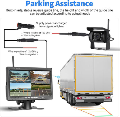 1080P Kabelloses Rückfahrkamerasystem für Wohnmobile, 7-Zoll-Rückfahrkameramonitor für 4 Kanäle mit wasserdichter IP69-Nachtsicht-Front-/Rückfahrkamera für LKW/Wohnmobil/Van/SUV/Pickup mit BSD