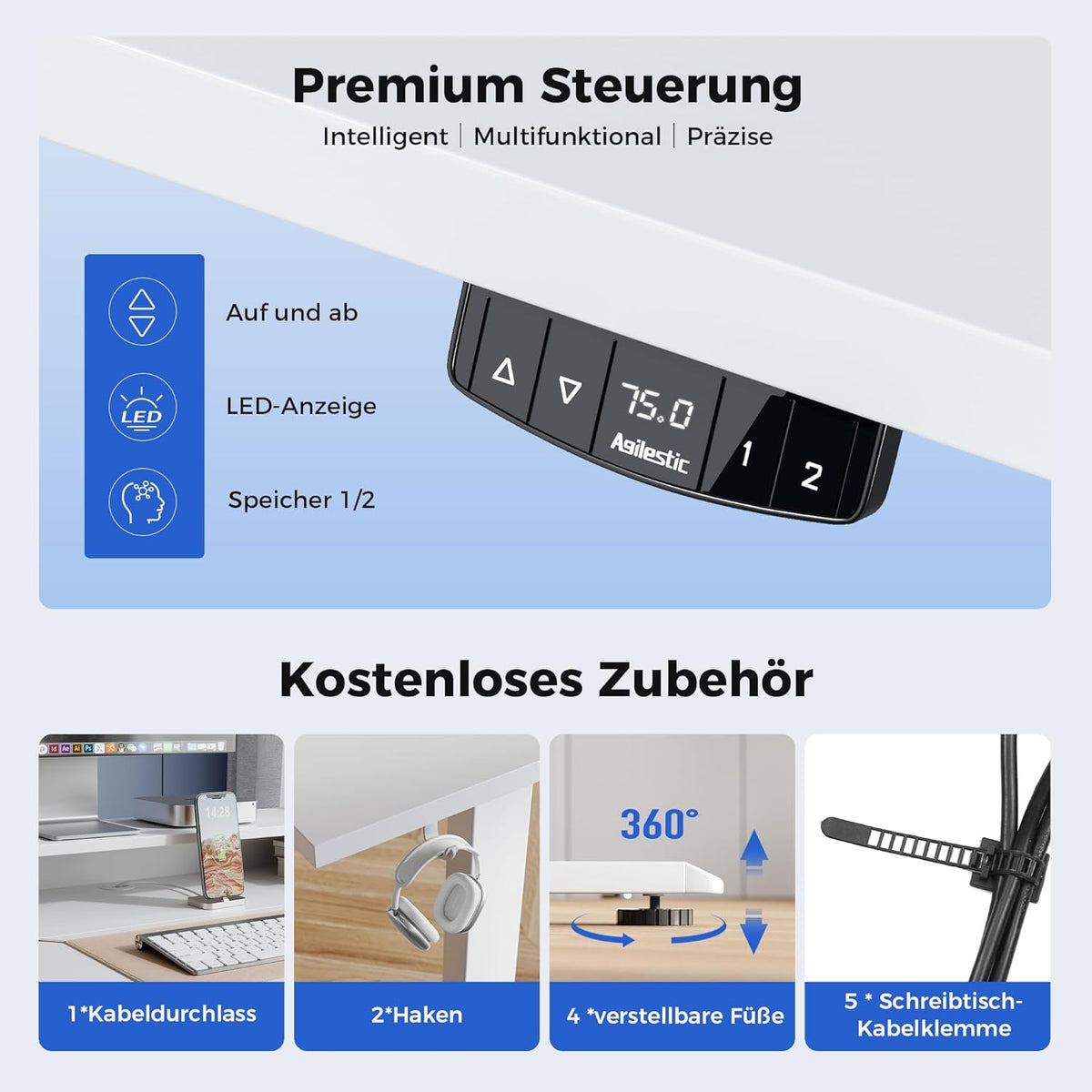 Agilestic Height Adjustable Desk with Two Drawers, 120 x 60 cm, Electric Computer Table with Memory Function, Office and Home Desk, White - QUORE